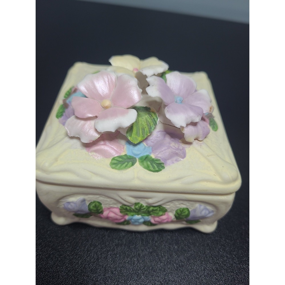 Vintage 1980's 3D Floral Box Porcelain Bisque Yellow Square trinket box